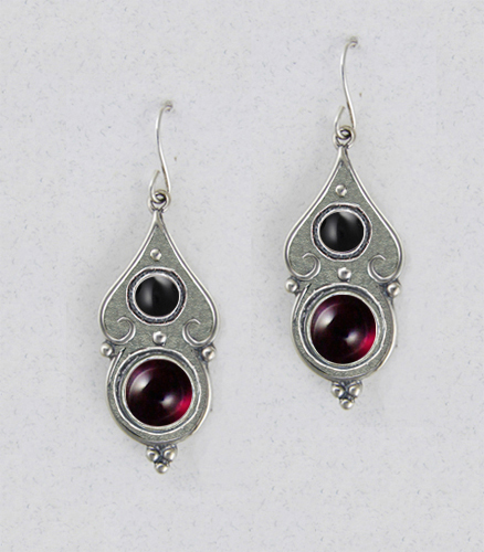 Sterling Silver Gothic Look With Garnet And Black Onyx Gemstone Drop Dangle Earrings